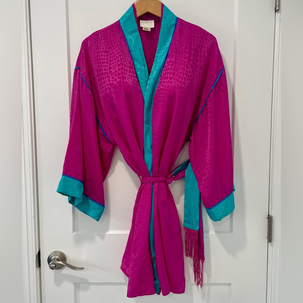VNTG 80s ENTICE Bill Tice Colorblock Pink Teal Reptile Kimono Jacket Robe (M)